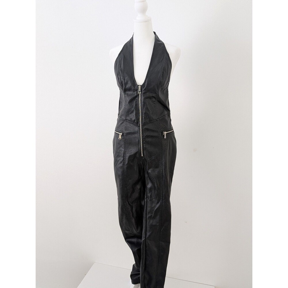 Tiger Mist Jinx Jumpsuit Women M Black Faux Leather Zipper Halter Neck Backless
